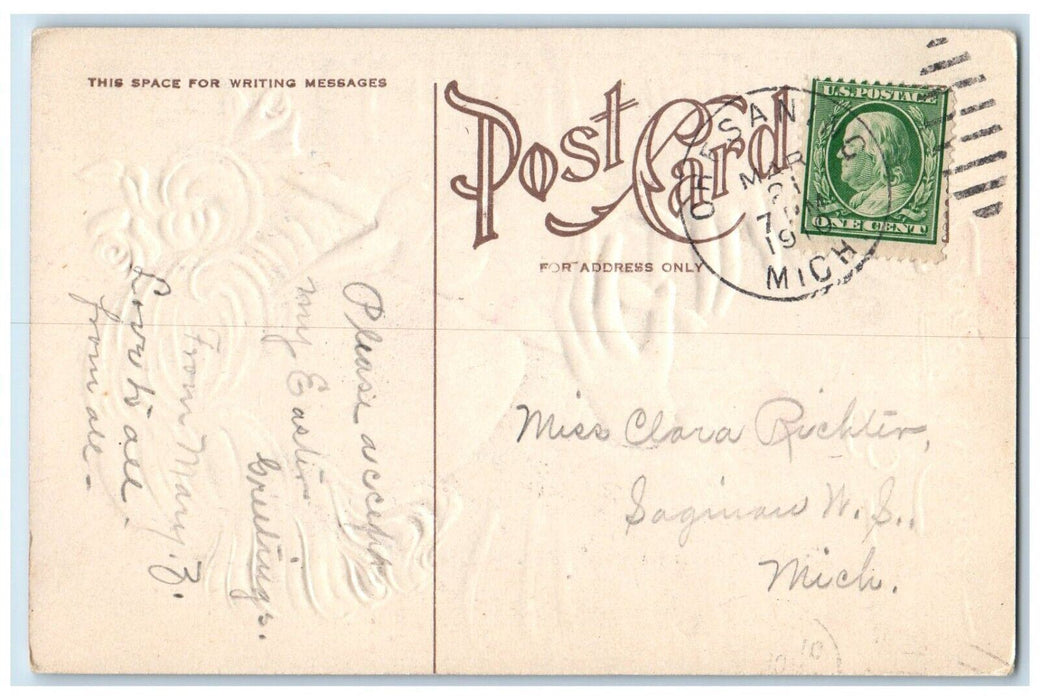 1910 Easter Wishes Pretty Girl Bunny Rabbit Flowers Embossed Antique Postcard