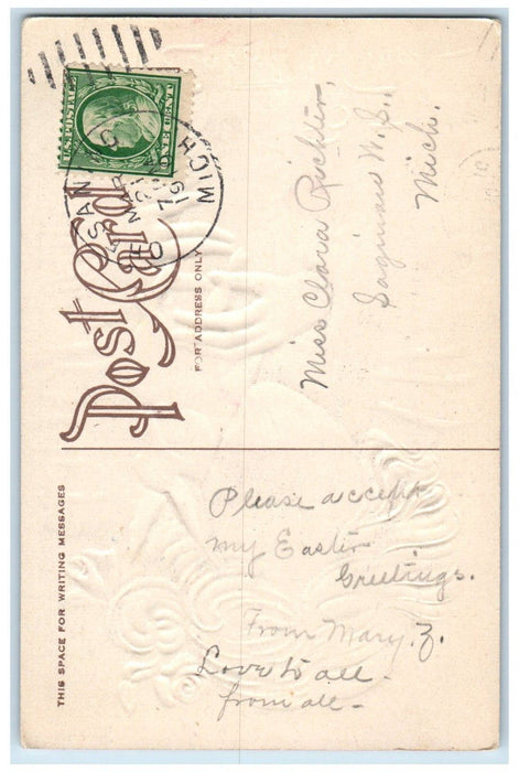 1910 Easter Wishes Pretty Girl Bunny Rabbit Flowers Embossed Antique Postcard