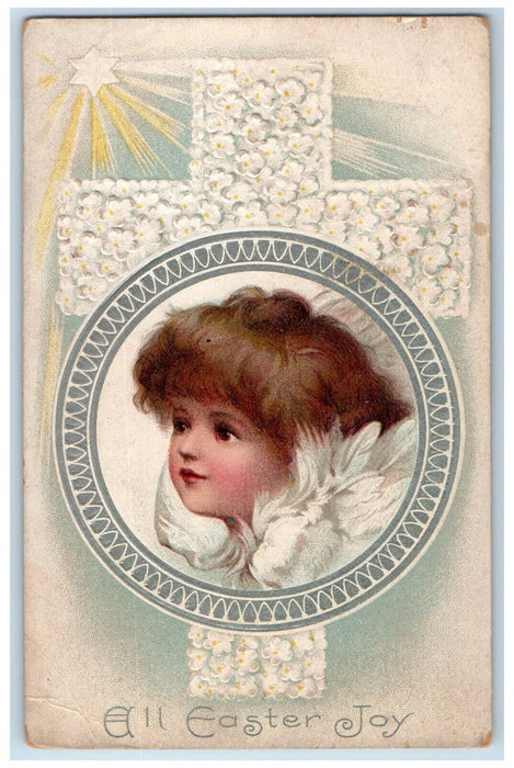 c1910's Easter Joy Holy Cross Pansies Flowers Angel Embossed Antique Postcard