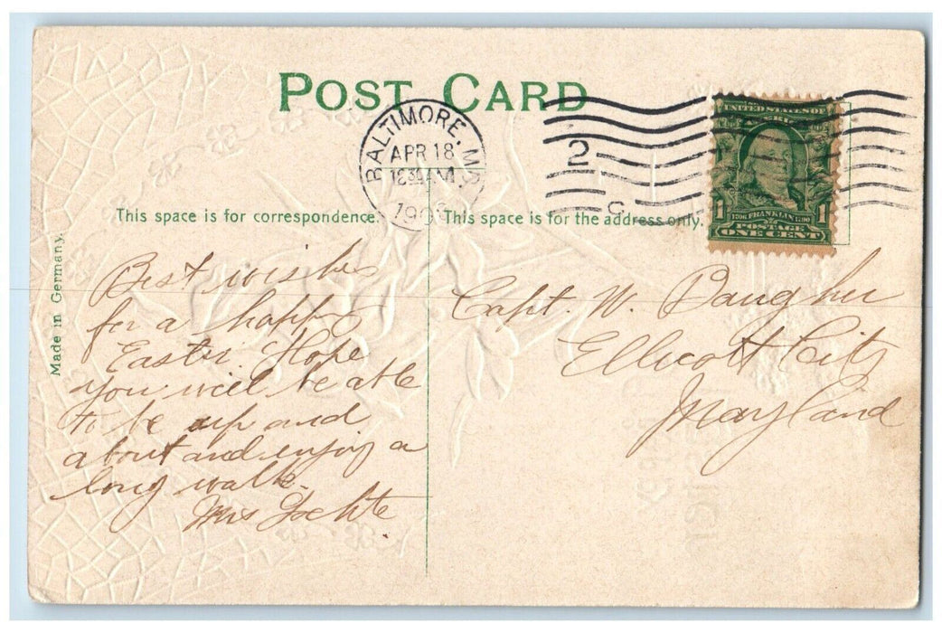 1908 Easter Lilies Flowers Church Arch Clover Embossed Baltimore MD Postcard