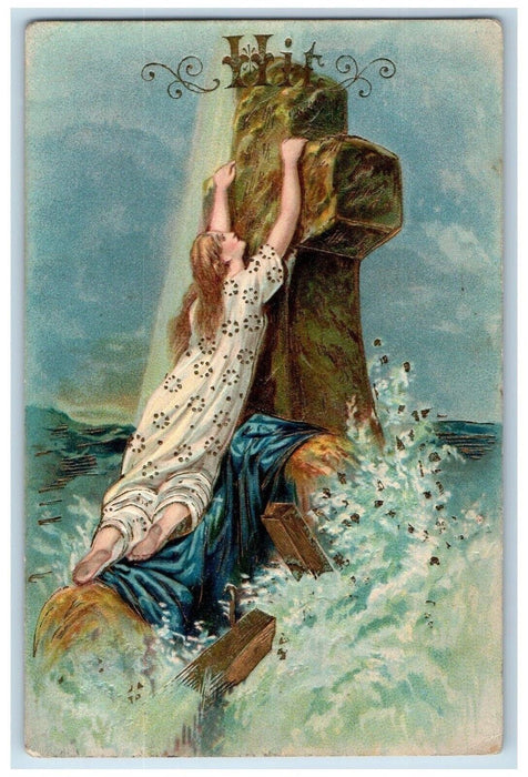 c1910's Easter Girl Holding On Big Cross Sea Surf Wave Embossed Antique Postcard