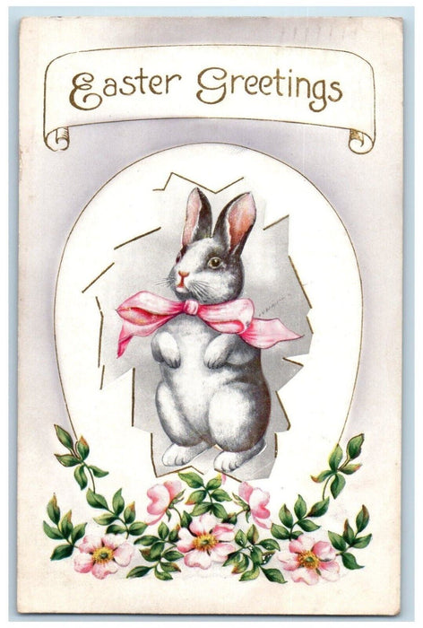 1912 Easter Greetings Hatched Egg Bunny Rabbit Flowers Embossed Antique Postcard