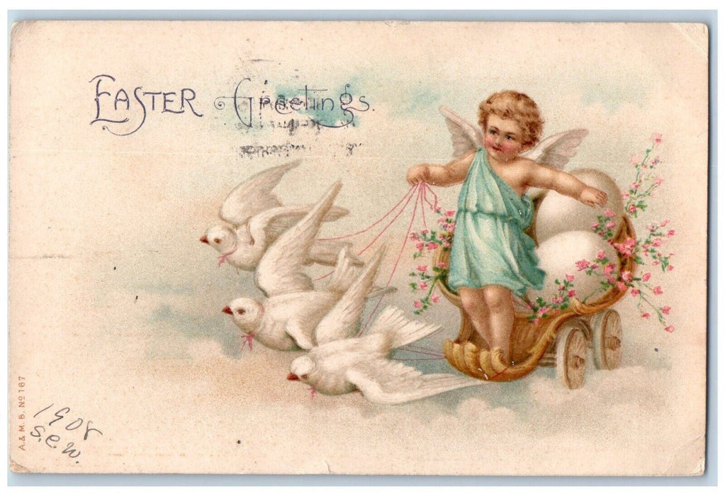 1908 Easter Greetings Dove Floating Angel Eggs Cart Embossed Posted Postcard