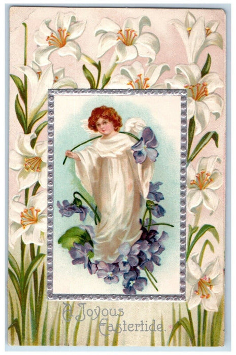 1909 Easter Angel Pansies And Lilies Flowers Embossed Antique Posted Postcard