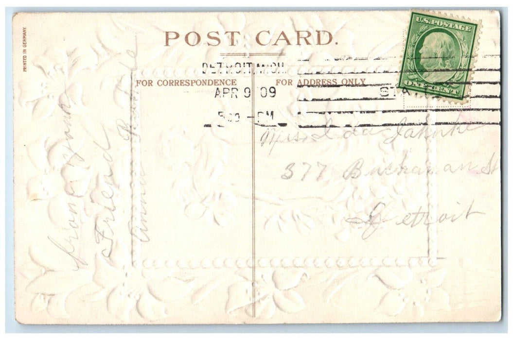 1909 Easter Angel Pansies And Lilies Flowers Embossed Antique Posted Postcard