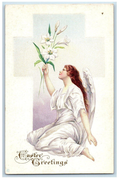 c1910's Easter Greetings Holy Angel Lilies Flowers Embossed Antique Postcard