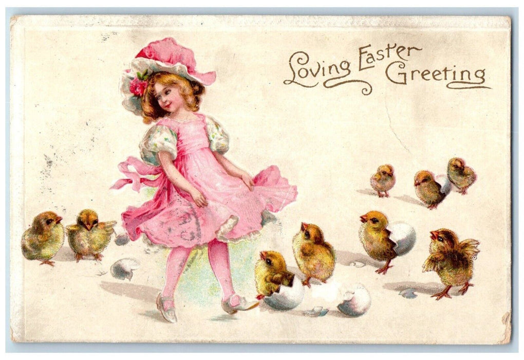1909 Easter Greetings Pretty Girl Chick Hatched Eggs Clapsaddle Antique Postcard