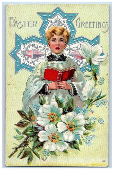 c1910's Easter Greetings Boy Choir Book Flowers Embossed Posted Antique Postcard