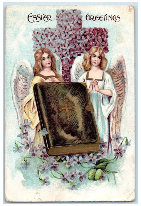 c1910's Easter Greetings Holly Book Cross Embossed Posted Antique Postcard