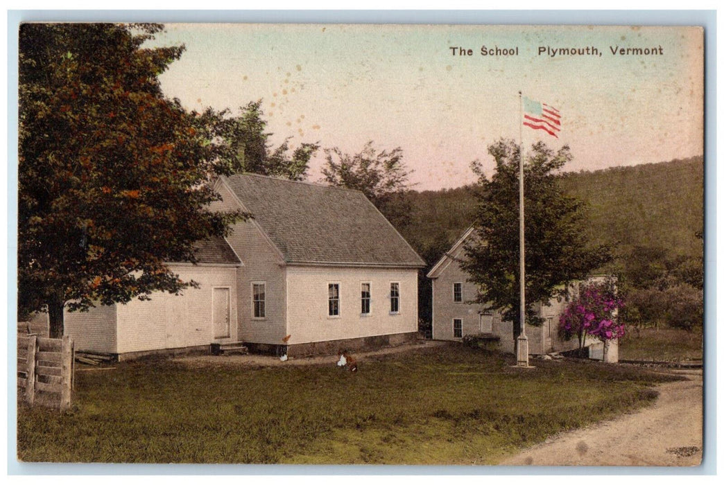 c1950's US Flag The School Plymouth Vermont VT Antique Handcolored Postcard