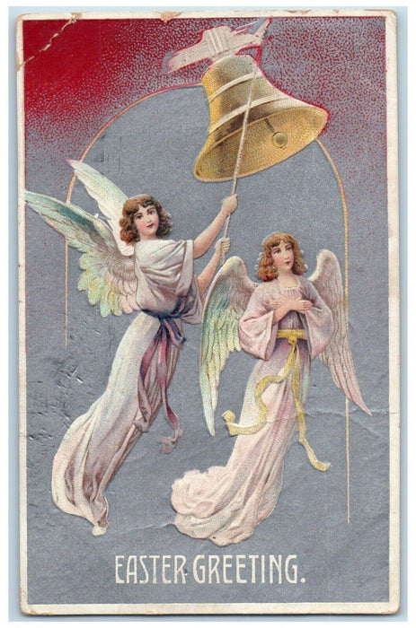 1911 Easter Greetings Holly Angels Ringing Bell Wheeling WV Antique Postcard