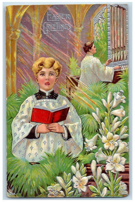 1913 Easter Greetings Choir Boy Playing Organ Lilies Flowers Embossed Postcard