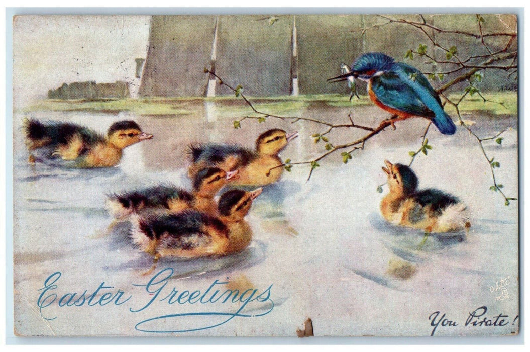 1909 Easter Greetings Chicks Birds Maiden CT Oilette Tuck Art Postcard