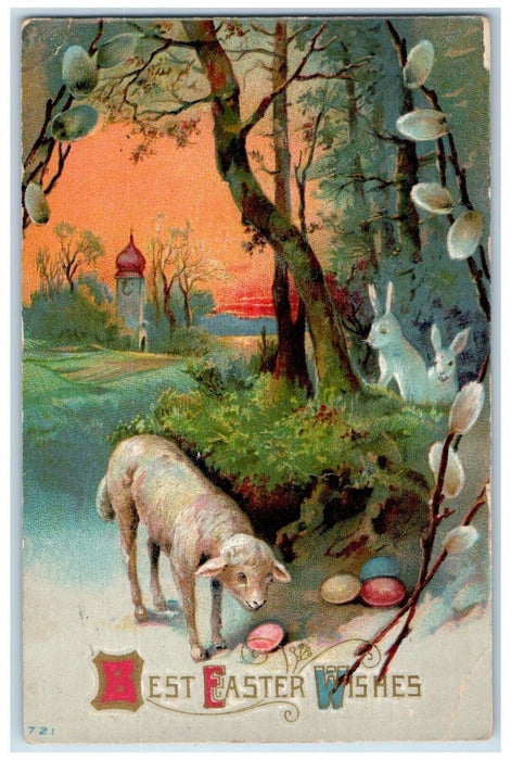 1914 Easter Wishes Eggs Lamb Bunny Rabbit Embossed Clayton NY Antique Postcard