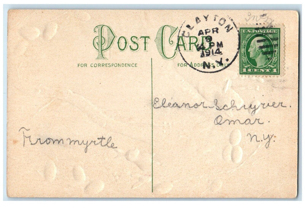 1914 Easter Wishes Eggs Lamb Bunny Rabbit Embossed Clayton NY Antique Postcard