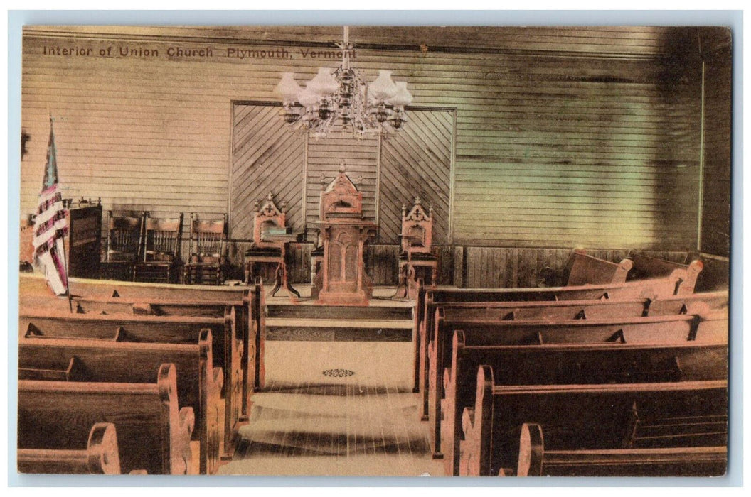 c1950's Interior of Union Church Plymouth Vermont VT Handcolored Postcard