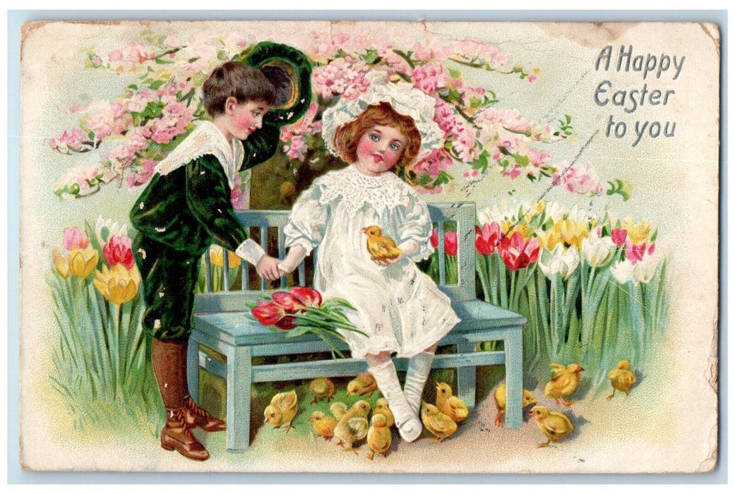 c1910's Easter Boy Girl Holding Chick Pansies Flowers Tuck's Embossed Postcard