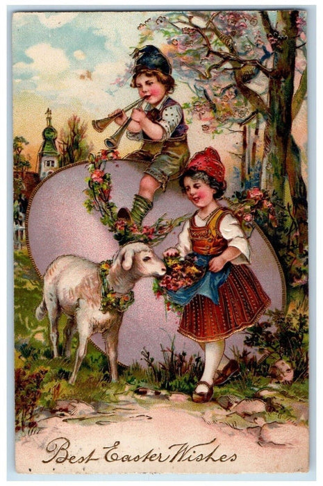 c1910's Easter Wishes Girl Boy On Top Of Giant Egg Trumpet Lamb Flowers Postcard