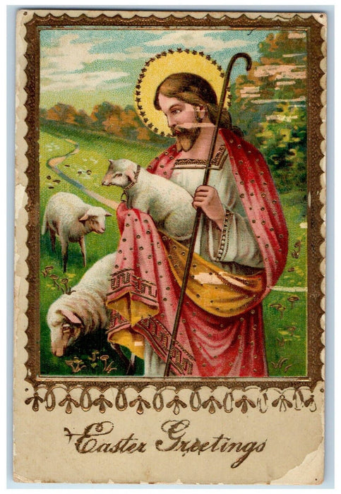 1929 Easter Greetings Jesus Religious Lamb Gel Gold Gilt Embossed Postcard