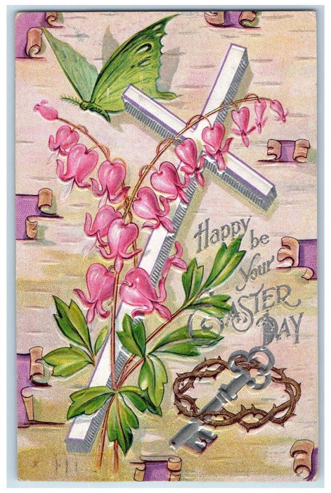 1911 Easter Silver Cross Flowers Butterfly Crown Key Embossed Antique Postcard