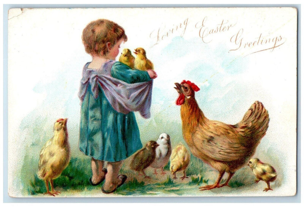 c1905 Easter Greetings Little Girl Chicken Hen Chicks Unposted Antique Postcard