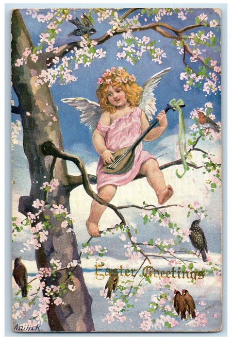 1910 Easter Greetings Angel Playing Banjo Singing Bird Flowers Antique Postcard