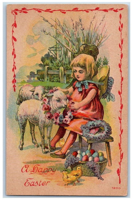 1912 Happy Easter Girl And Lamb Flowers Chick Basket Eggs Winsch Back Postcard