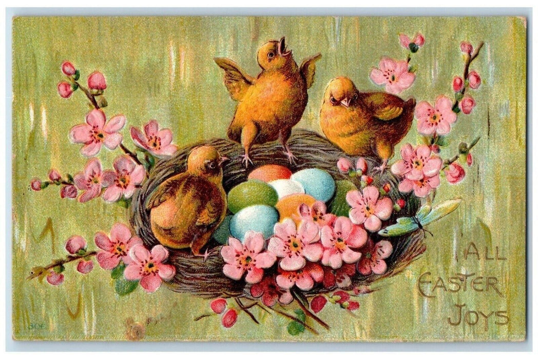 c1910's Easter Joys Chicks Eggs Nest Pansies Flowers Embossed Antique Postcard