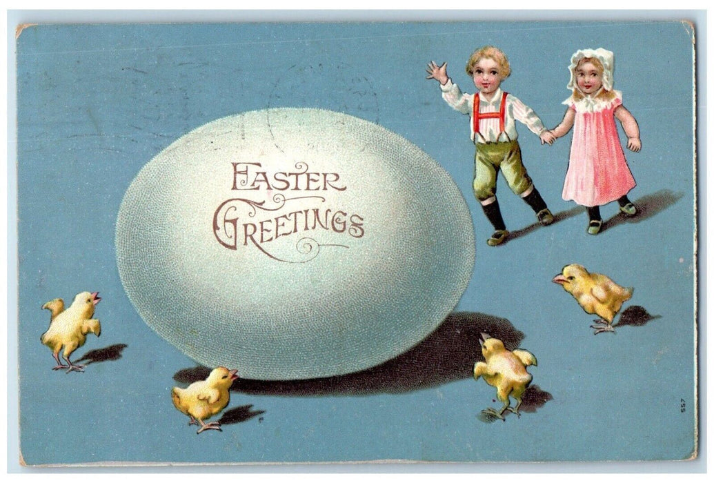 1909 Easter Greetings Giant Egg Girl Boy Waving Chicks Embossed Antique Postcard