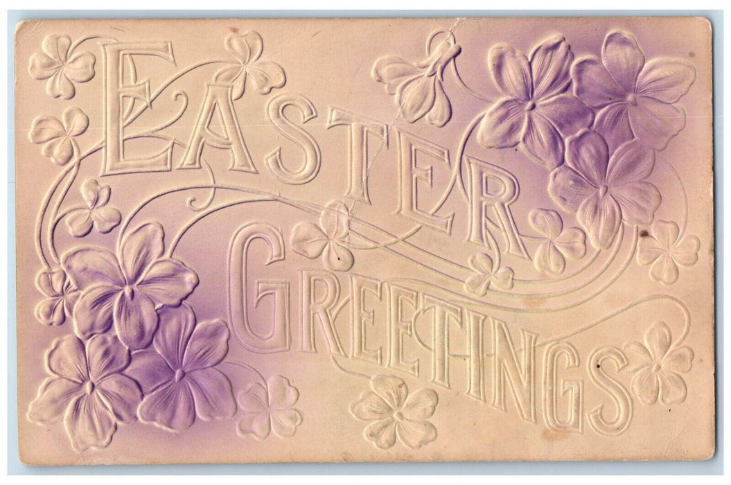 c1910's Easter Greetings Flowers Clover Airbrushed Embossed Antique Postcard