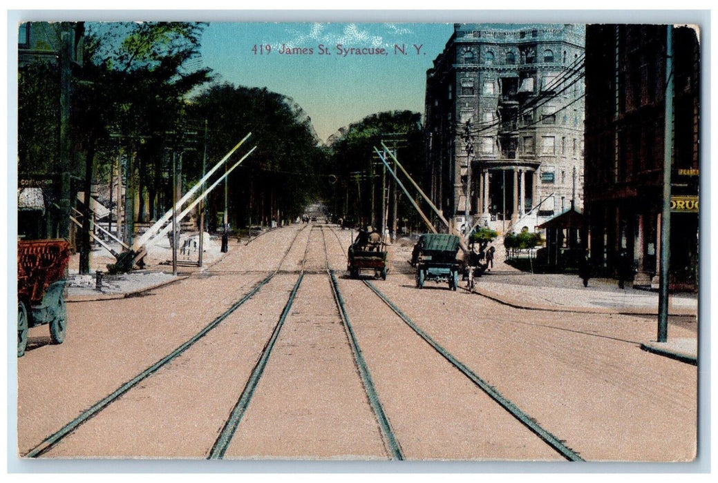 c1910 Railroad Horse Carriage James Street Syracuse NY Antique Postcard