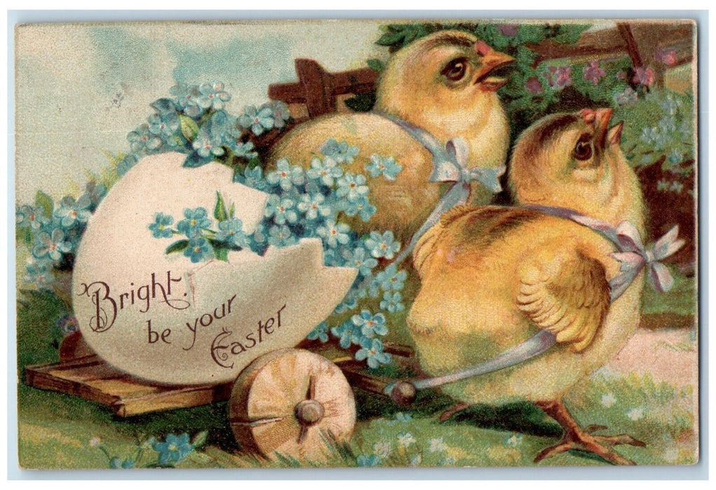 1908 Easter Chicks Pulling Cart Hatched Egg Pansies Flowers Antique Postcard