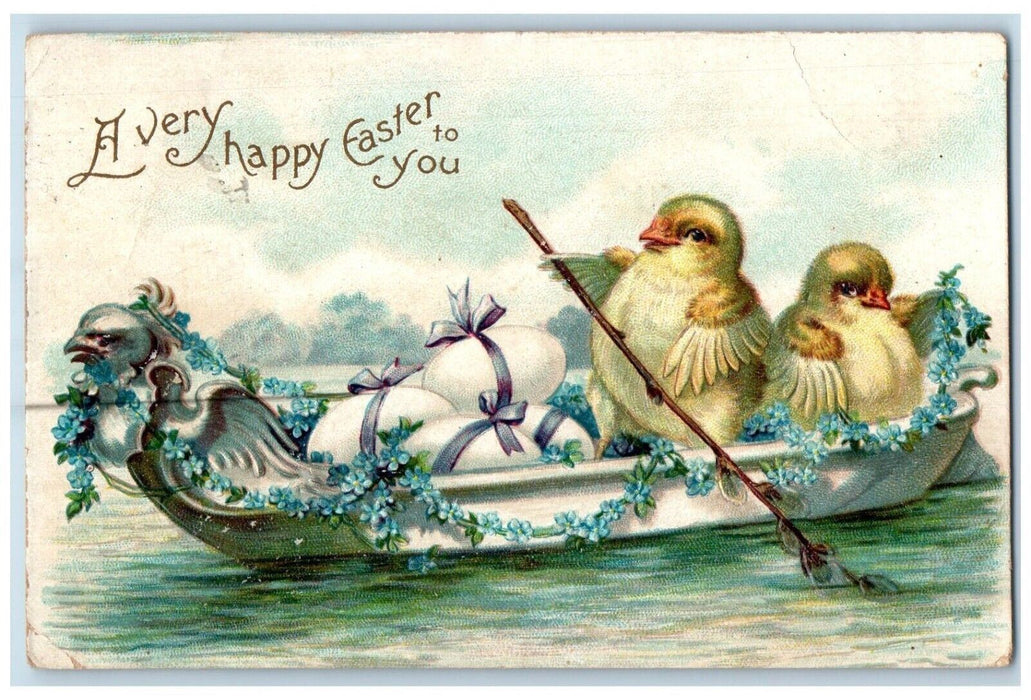 1912 Easter Anthropomorphic Chicks Boat Eggs Pansies Flowers Clapsaddle Postcard