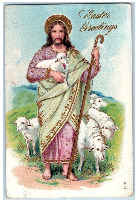 1911 Easter Greetings Jesus And Lamb Gel Gold Gilt Embossed Rockport NY Postcard