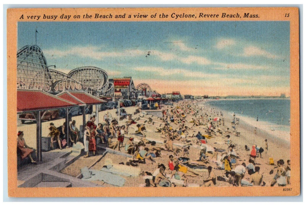 1952 Busy Day on the Beach View of Cyclone Revere Beach MA Posted Postcard