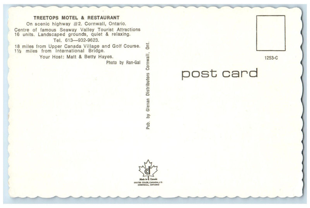 c1950's Antiques & China Sign Treetops Motel Restaurant Cornwall Canada Postcard