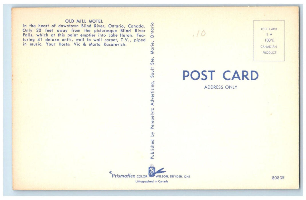 c1950's Old Mill Motel In Downtown Blind River Ontario Canada Postcard