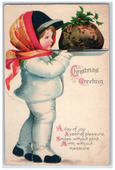 c1910's Christmas Greetings Woman Serving Pie Berries Wolf Antique Postcard