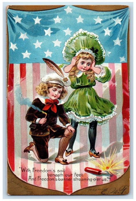 1907 Independence Day Children Lighting Firecracker Patriotic Tuck's Postcard