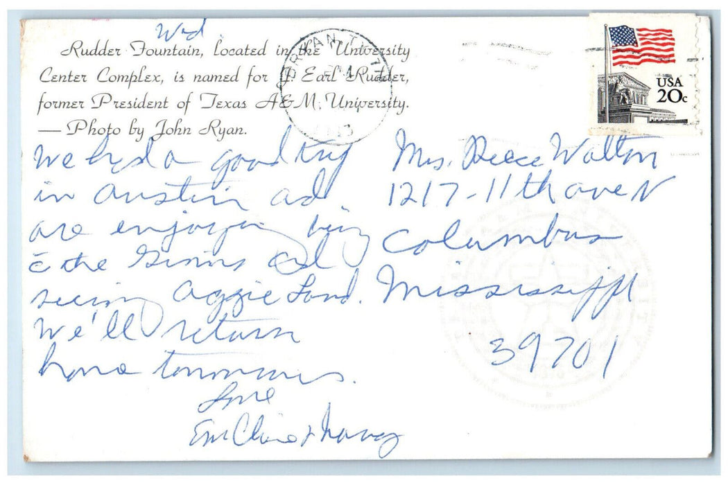 c1960's Rudder Fountain Texas A&M University College Station Texas TX Postcard