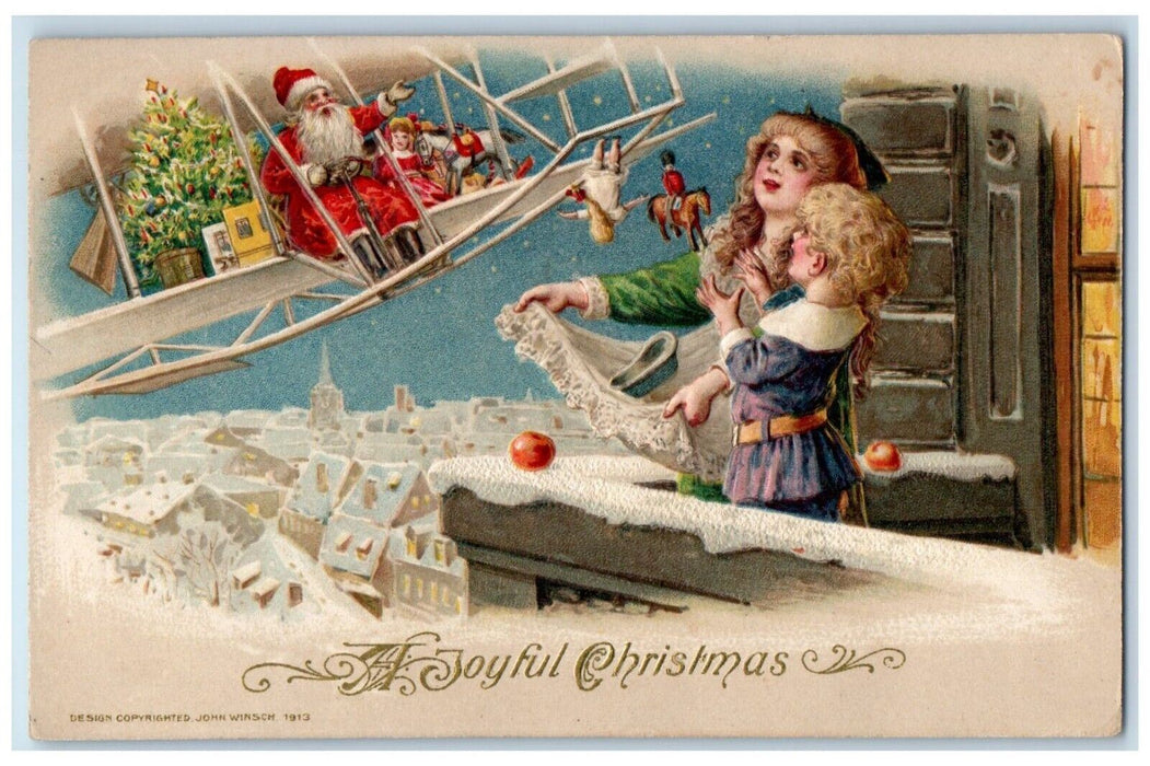 Christmas Santa Claus Airplane Giving Toys John Winsch Artist Signed Postcard