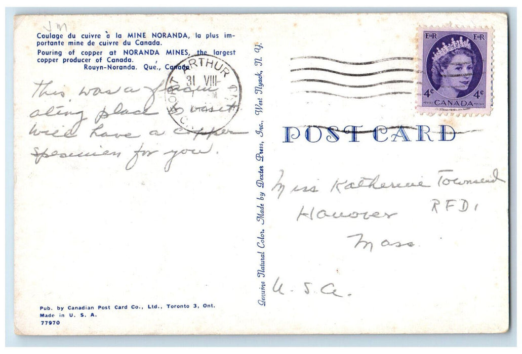 c1950's Pouring of Copper at Noranda Mines Rouyn-Noranda Quebec Canada Postcard