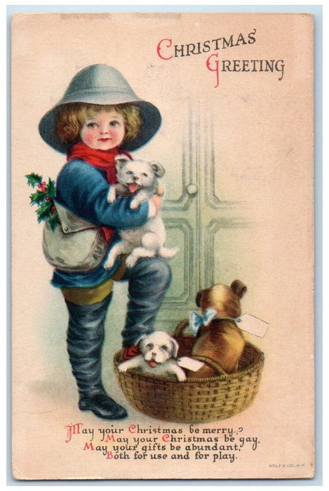 c1910's Christmas Greetings Boy With Dogs In Basket Wolf Posted Antique Postcard