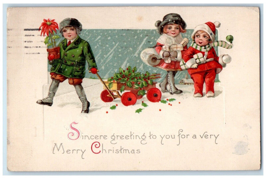 c1910's Christmas Greeting Children Toy Cart Berries Poinsettia Flowers Postcard