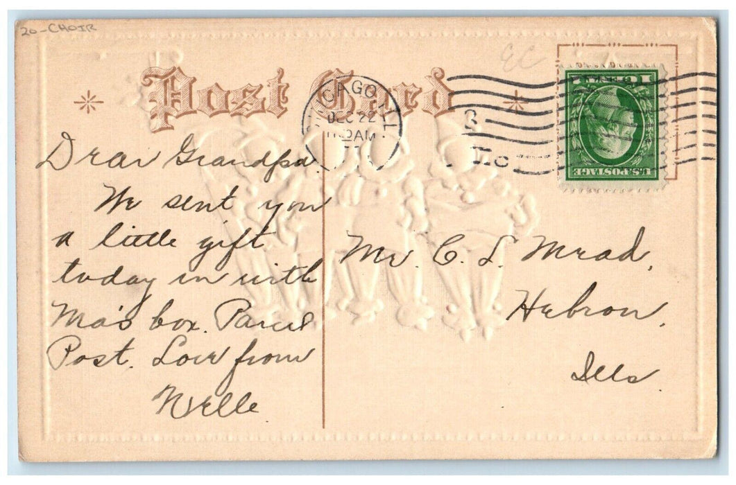 c1910's Christmas Women Choir Berries Ringing Bell Embossed Posted Nash Postcard