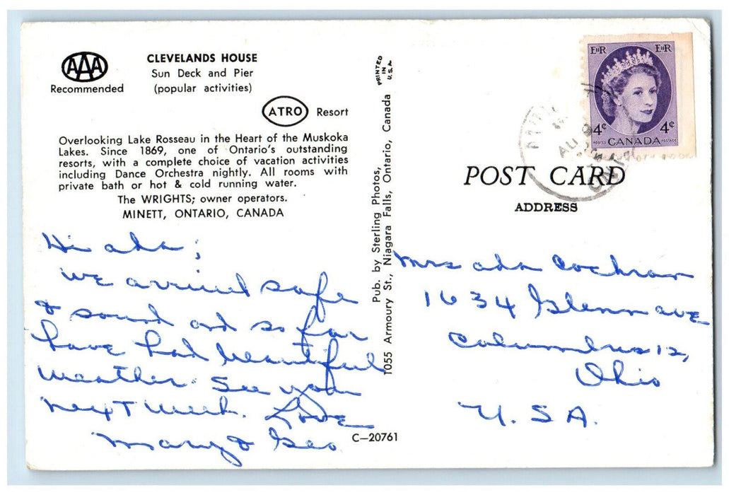 c1950's Clevelands House Sun Deck and Pier Minett Ontario Canada Postcard