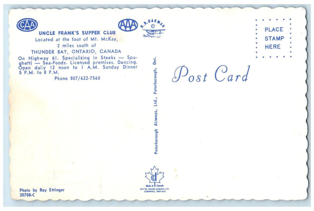 c1950's Uncle Frank's Supper Club Thunder Bay Ontario Canada Vintage Postcard