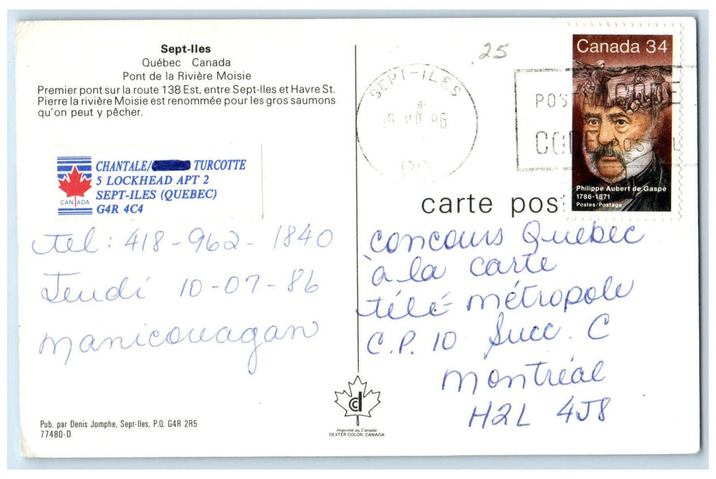 1986 Sept-Iles Pont De La Riviere Moisie Quebec Canada Vintage Postcard