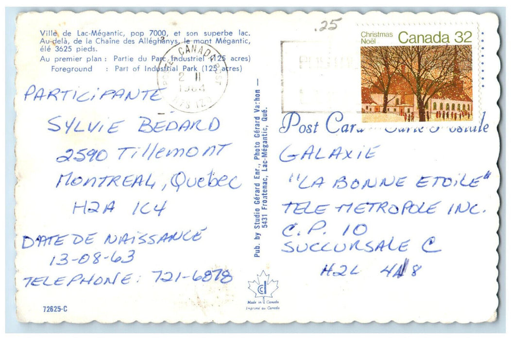 1984 Ville De Lac Megantic Et Son Superbe Lac. Canada Vintage Postcard