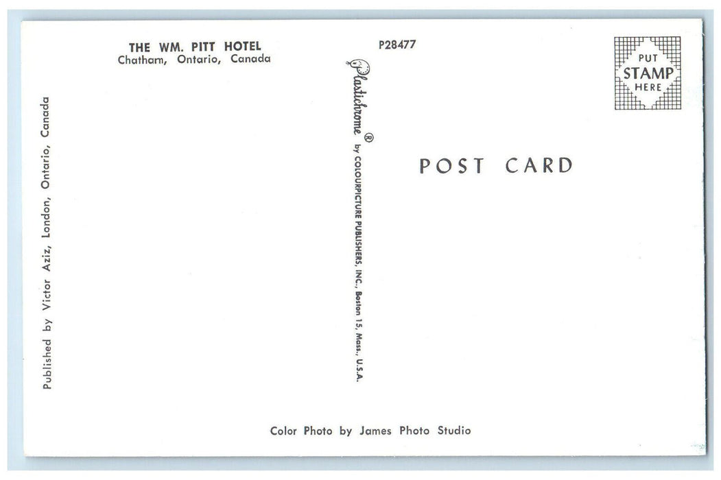 c1960's The Wm. Pitt Hotel Chatham Ontario Canada Vintage Unposted Postcard